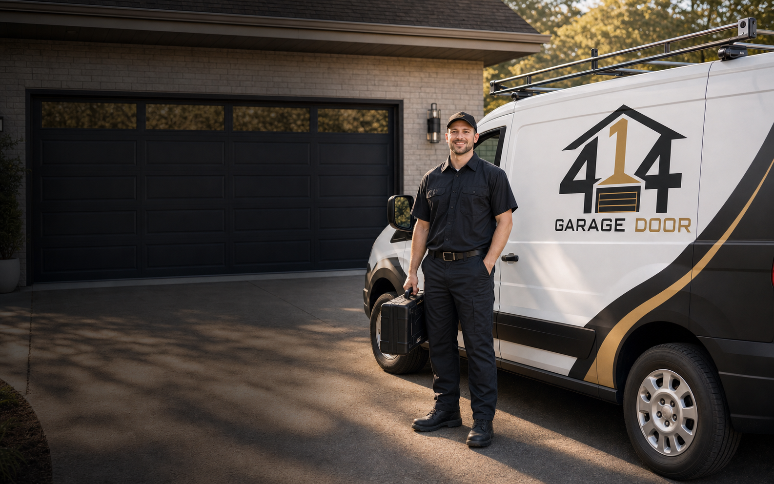 414 Garage Door technician standing beside a branded service van